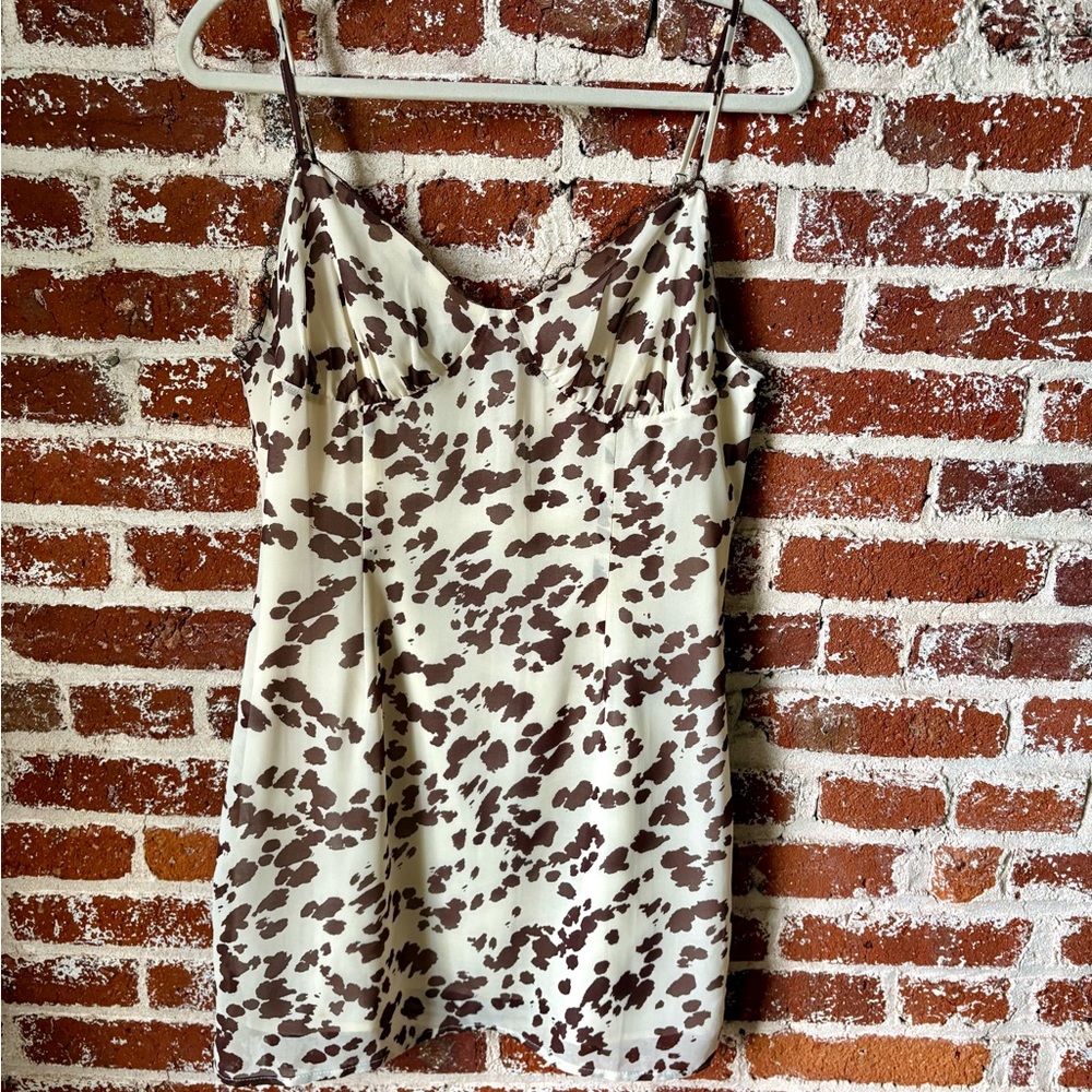 re:named Cow Print Cream and Brown Mini Dress with lace details - Picture 3 of 7